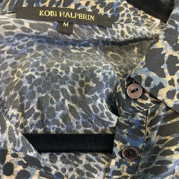 🖤”Kobi Halperin” 100% SILK Blue/Black/Cream Animal Print Bishop Sleeve Dress - Picture 11 of 13